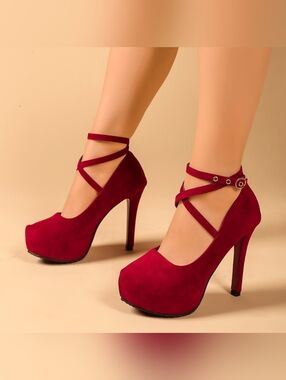 Women’s Burgundy Suede Platform Crisscross Ankle-Strap Pumps